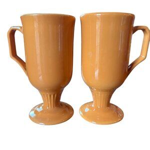 Vtg MCM Shenango China Pedestal Footed Mugs Set Of 2 Orange Irish Coffee Tea